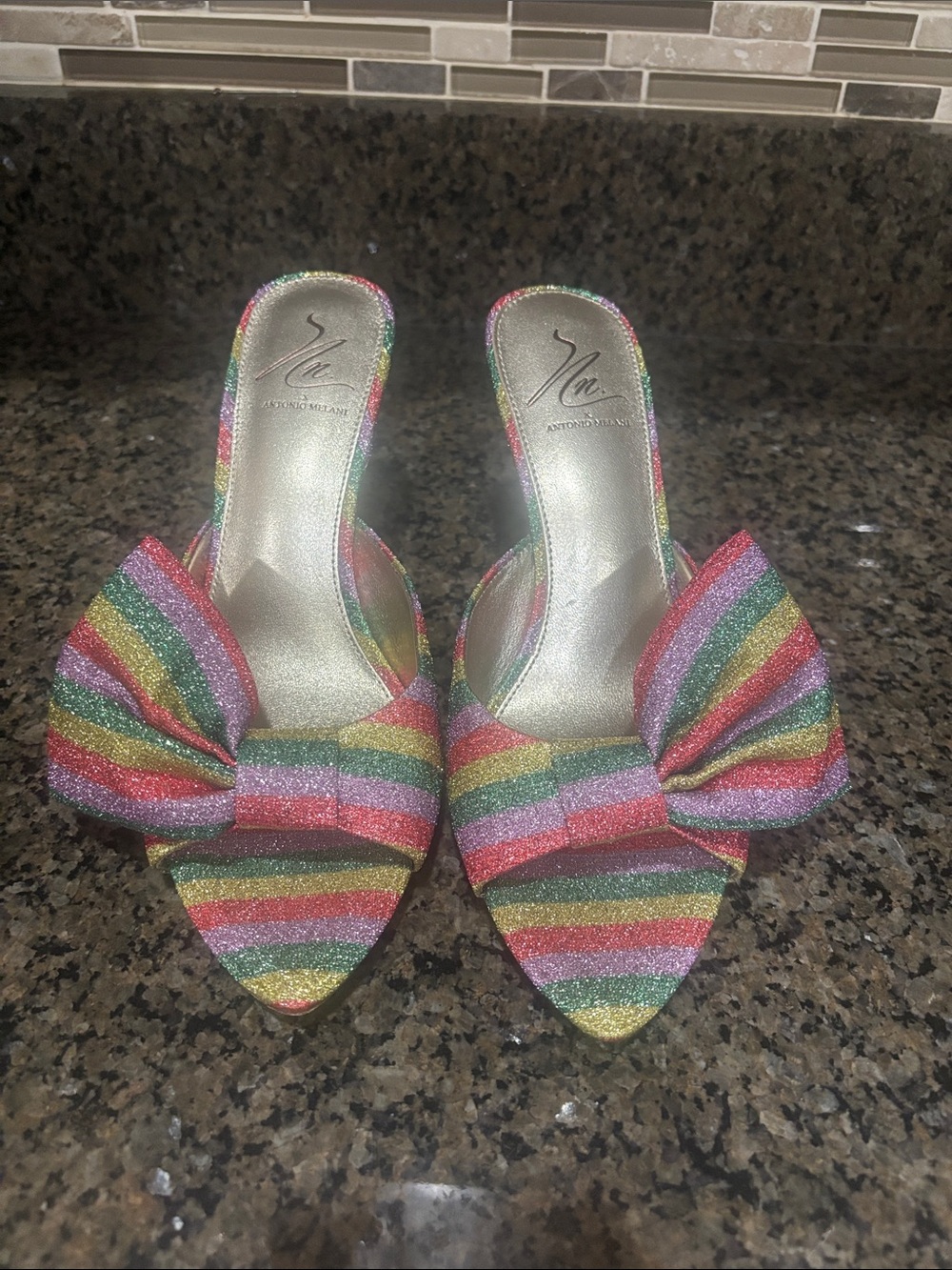 ANTONIO MELANI The Nat Note Rainbow Glitter Bow Pointed Mules-NEW